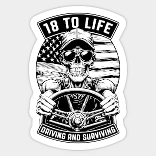 18 To Life Trucker Skeleton Truck Driver Big Rig USA Flag Sticker